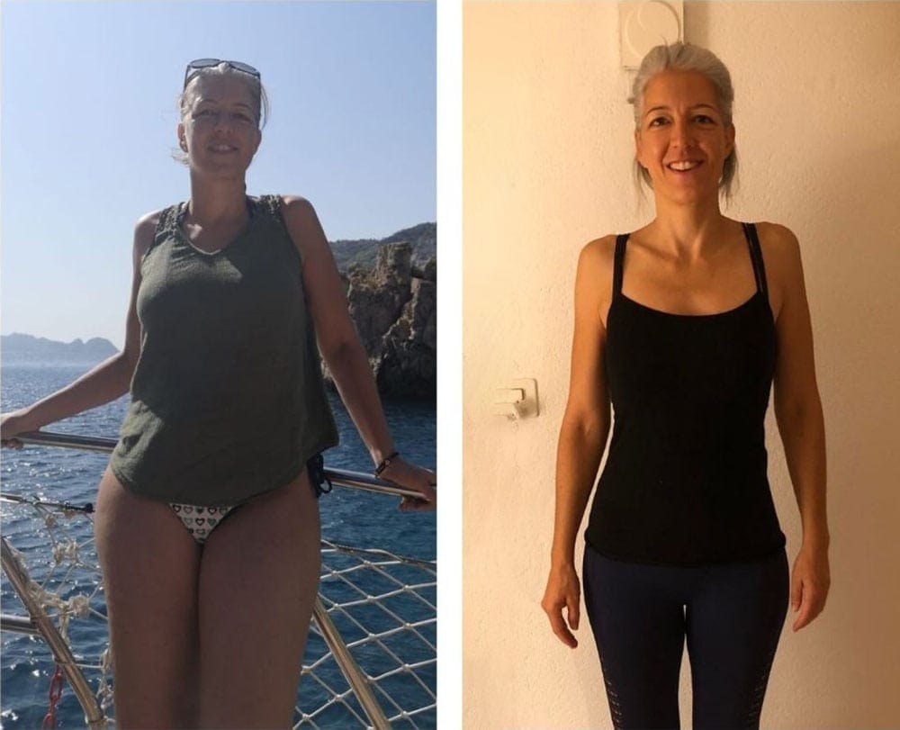 Vorher-Nachher-Bild einer Frau, die mit der NewLifeStyle-App ihre Figur und ihr Selbstbewusstsein verbessert hat