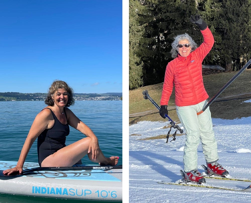 Vorher-Nachher-Bild einer Frau, die mit der NewLifeStyle-App aktiv und voller Lebensfreude verschiedene Sportarten genießt