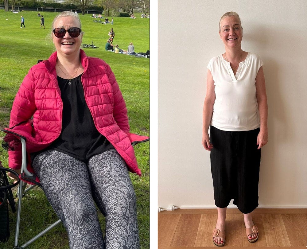Vorher-Nachher-Bild von Karin, die mit der NewLifeStyle-App ihre Vitalität und ihr Wohlbefinden deutlich verbessert hat.