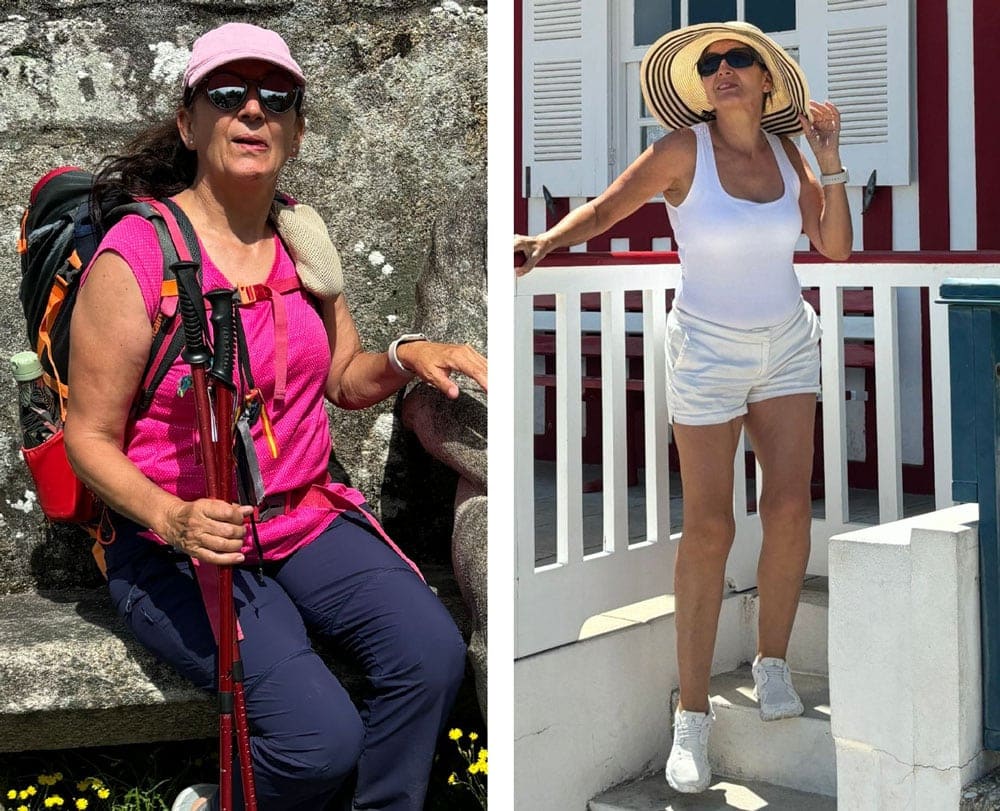 Rosa Mari vor und nach einem Lebensstilwechsel, zeigt die positiven Ergebnisse der NewLifeStyle-App für Vitalität und Wohlbefinden