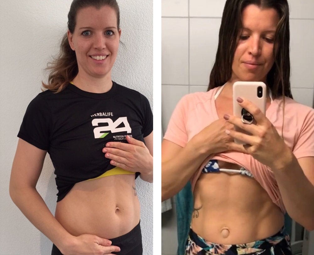 Vorher-Nachher-Bild von Sarah, die mit der NewLifeStyle-App sichtbare Fortschritte in Fitness und Körpergefühl erreicht hat.